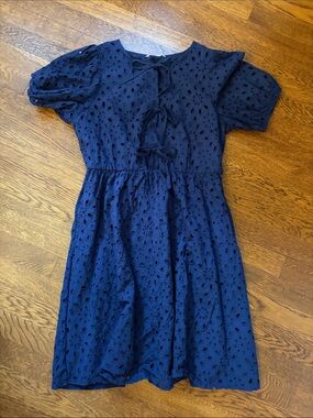 Navy Eyelet Tie-Front Casual Women's Dress